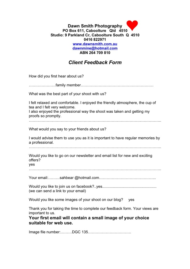 Client feedback form Sarah Jane